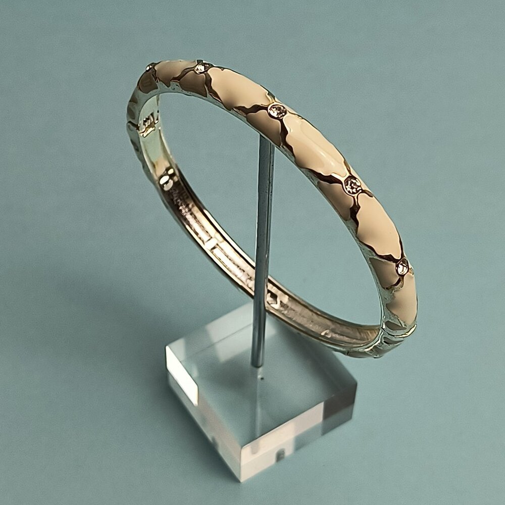 NORDSTROM Enamel Hinge Bangle Bracelet Clamper White Sea Silver Tone Rhinestone